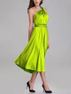 A-line One Shoulder Silk-like Satin Tea-length Bridesmaid Dresses With Sashes / Ribbons #Milly01014280