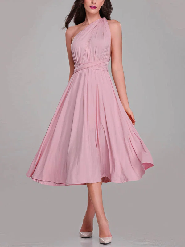 A-line One Shoulder Jersey Tea-length Bridesmaid Dresses With Sashes / Ribbons #Milly01014281