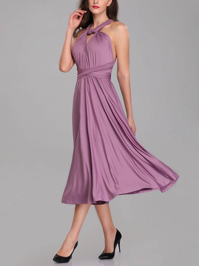 A-line V-neck Jersey Tea-length Bridesmaid Dresses With Sashes / Ribbons #Milly01014282