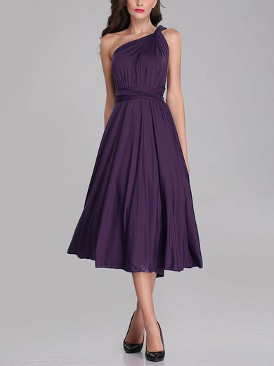 A-line One Shoulder Jersey Tea-length Bridesmaid Dresses With Sashes / Ribbons #Milly01014283