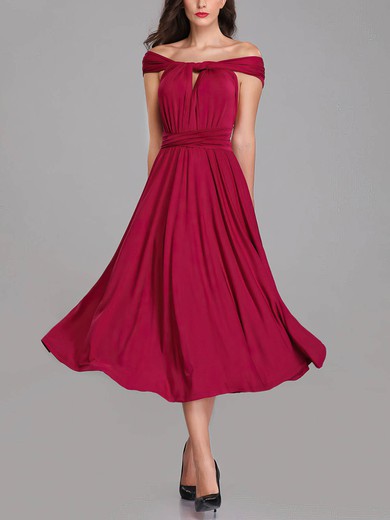 A-line Off-the-shoulder Jersey Tea-length Bridesmaid Dresses With Sashes / Ribbons #Milly01014284