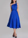 A-line One Shoulder Jersey Tea-length Bridesmaid Dresses With Sashes / Ribbons #Milly01014286