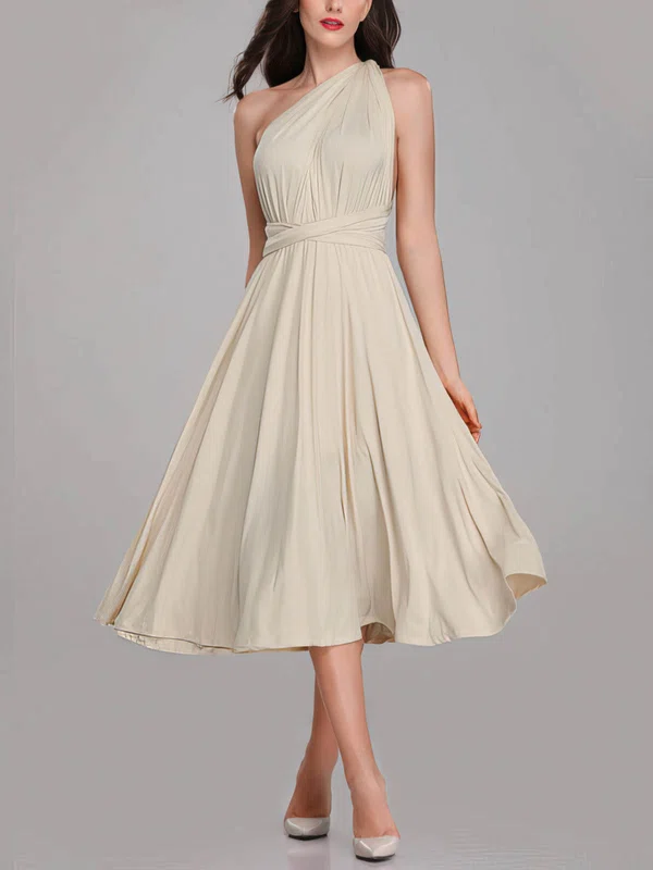 A-line One Shoulder Jersey Tea-length Bridesmaid Dresses With Sashes / Ribbons #Milly01014287