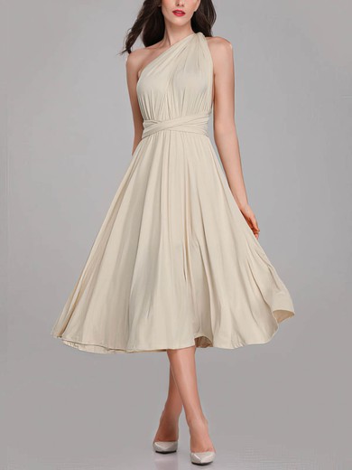 A-line One Shoulder Jersey Tea-length Bridesmaid Dresses With Sashes / Ribbons #Milly01014287