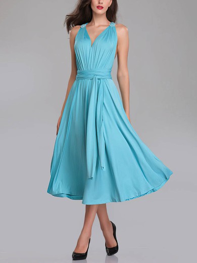 A-line V-neck Jersey Tea-length Bridesmaid Dresses With Sashes / Ribbons #Milly01014288