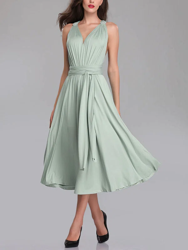 A-line V-neck Jersey Tea-length Bridesmaid Dresses With Sashes / Ribbons #Milly01014289