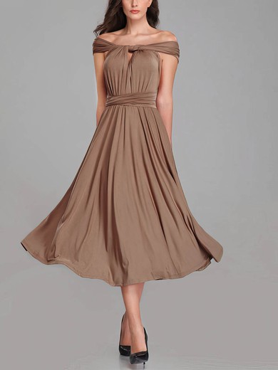 A-line Off-the-shoulder Jersey Tea-length Bridesmaid Dresses With Sashes / Ribbons #Milly01014290