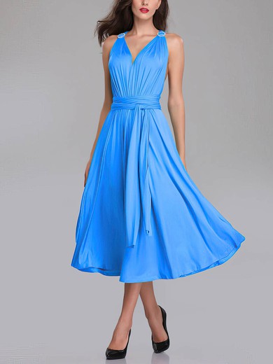 A-line V-neck Jersey Tea-length Bridesmaid Dresses With Sashes / Ribbons #Milly01014291