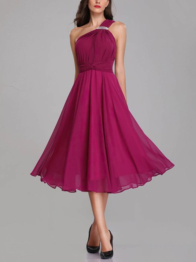 A-line One Shoulder Chiffon Tea-length Bridesmaid Dresses With Sashes / Ribbons #Milly01014292