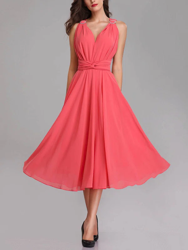 A-line V-neck Chiffon Tea-length Bridesmaid Dresses With Sashes / Ribbons #Milly01014293