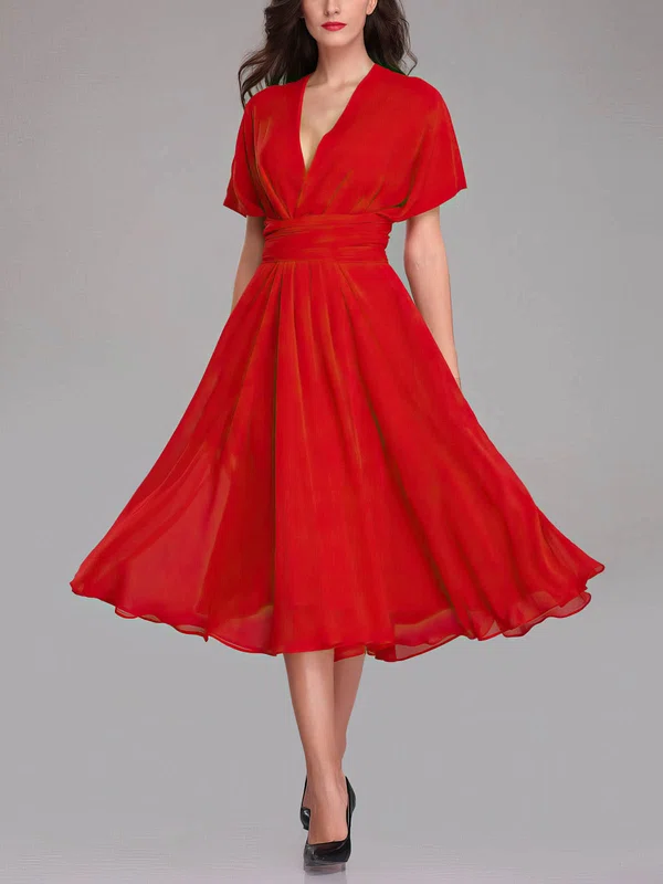 A-line V-neck Chiffon Tea-length Bridesmaid Dresses With Sashes / Ribbons #Milly01014294