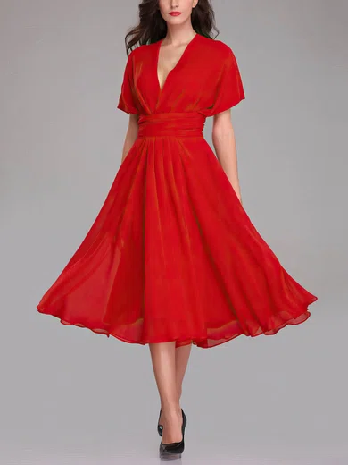 A-line V-neck Chiffon Tea-length Bridesmaid Dresses With Sashes / Ribbons #Milly01014294