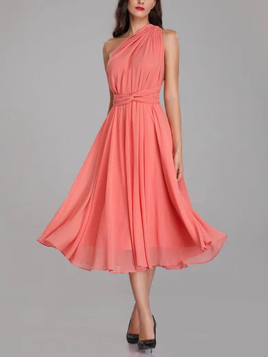 A-line V-neck Chiffon Tea-length Bridesmaid Dresses With Sashes / Ribbons #Milly01014295