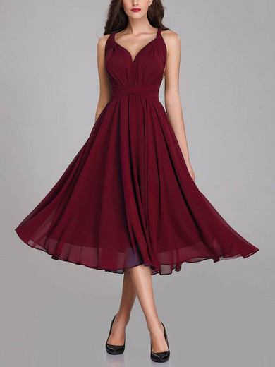A-line V-neck Chiffon Tea-length Bridesmaid Dresses With Sashes / Ribbons #Milly01014296