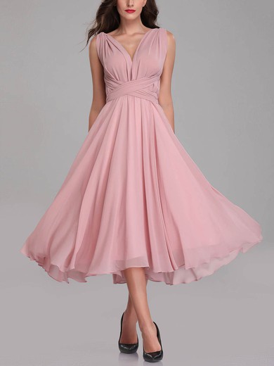 A-line V-neck Chiffon Tea-length Bridesmaid Dresses With Sashes / Ribbons #Milly01014297