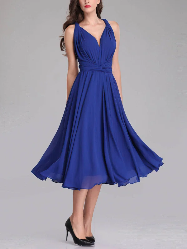 A-line V-neck Chiffon Tea-length Bridesmaid Dresses With Sashes / Ribbons #Milly01014298