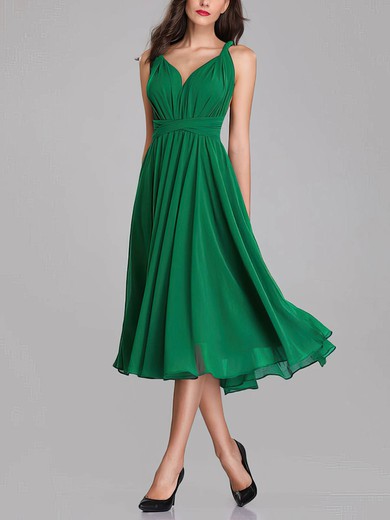 A-line V-neck Chiffon Tea-length Bridesmaid Dresses With Sashes / Ribbons #Milly01014299