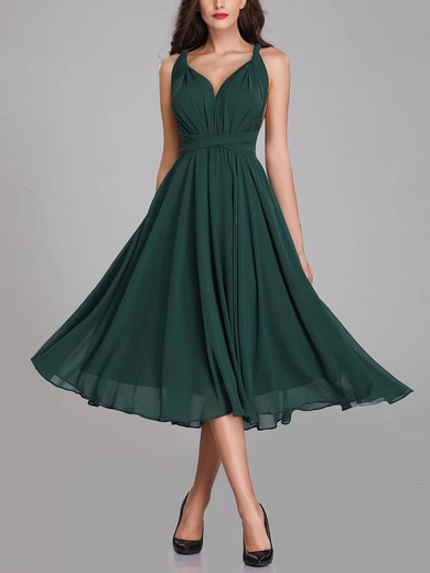 A-line V-neck Chiffon Tea-length Bridesmaid Dresses With Sashes / Ribbons #Milly01014300