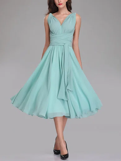 A-line V-neck Chiffon Tea-length Bridesmaid Dresses #Milly01014301