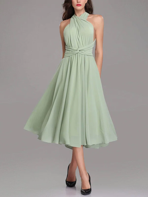 A-line V-neck Chiffon Tea-length Bridesmaid Dresses With Sashes / Ribbons #Milly01014302