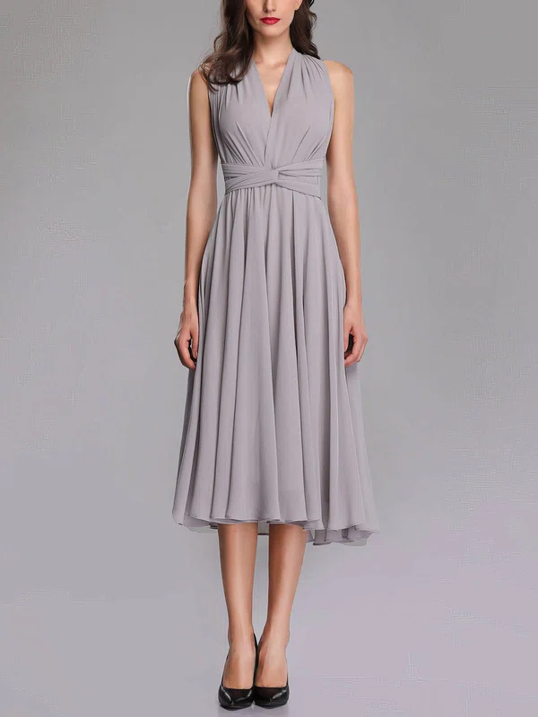 A-line V-neck Chiffon Tea-length Bridesmaid Dresses With Sashes / Ribbons #Milly01014304
