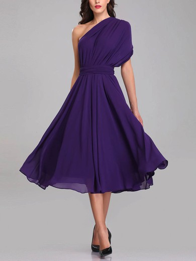 A-line One Shoulder Chiffon Tea-length Bridesmaid Dresses With Sashes / Ribbons #Milly01014306
