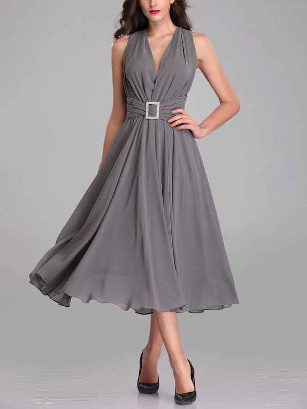 A-line V-neck Chiffon Tea-length Bridesmaid Dresses With Beading #Milly01014307