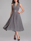 A-line V-neck Chiffon Tea-length Bridesmaid Dresses With Beading #Milly01014307