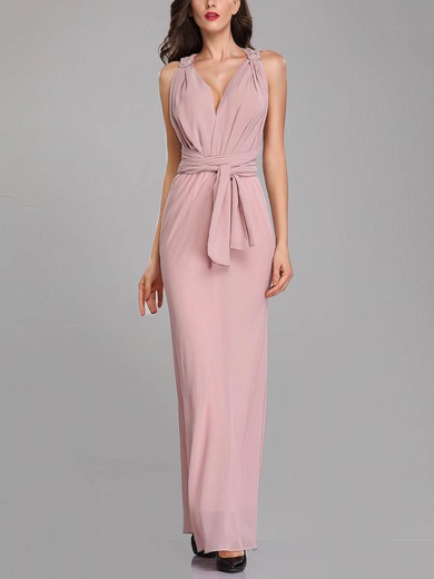 Sheath/Column V-neck Chiffon Ankle-length Bridesmaid Dresses With Sashes / Ribbons #Milly01014311