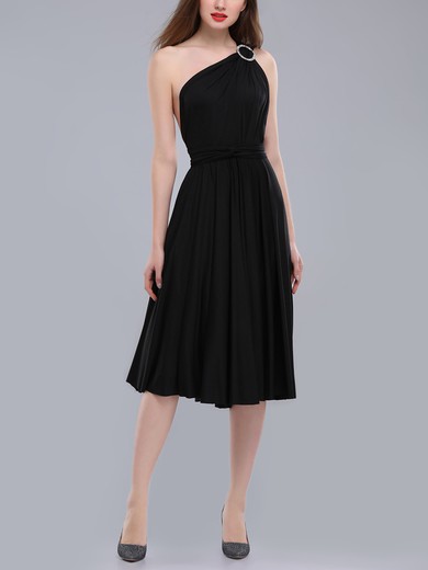 A-line One Shoulder Jersey Tea-length Bridesmaid Dresses With Sashes / Ribbons #Milly01014316