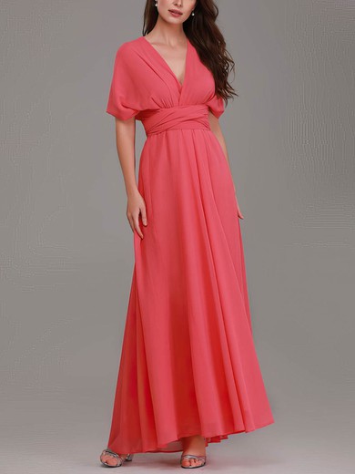 A-line V-neck Chiffon Floor-length Bridesmaid Dresses With Sashes / Ribbons #Milly01014320
