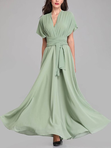 A-line V-neck Chiffon Floor-length Bridesmaid Dresses With Sashes / Ribbons #Milly01014327