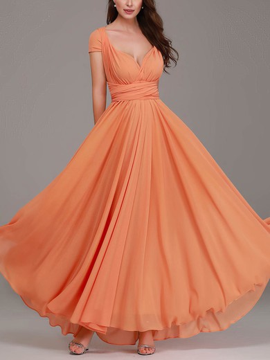 A-line V-neck Chiffon Floor-length Bridesmaid Dresses With Sashes / Ribbons #Milly01014333