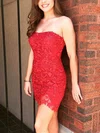 Sheath/Column Strapless Lace Tulle Short/Mini Appliques Lace Short Prom Dresses #Milly020020108852