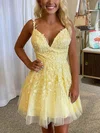 A-line V-neck Lace Tulle Short/Mini Short Prom Dresses With Beading #Milly020020110588