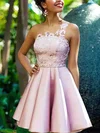 A-line Scoop Neck Satin Short/Mini Appliques Lace Short Prom Dresses #Milly020020109005
