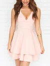 A-line V-neck Silk-like Satin Short/Mini Appliques Lace Short Prom Dresses #Milly020020109006
