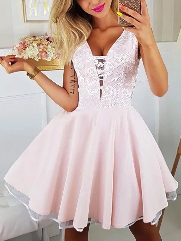 A-line V-neck Tulle Stretch Crepe Short/Mini Appliques Lace Short Prom Dresses #Milly020020109043