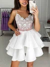 A-line V-neck Satin Short/Mini Lace Short Prom Dresses #Milly020020109108