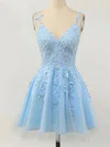 A-line V-neck Lace Tulle Short/Mini Short Prom Dresses With Appliques Lace #Milly020020110094