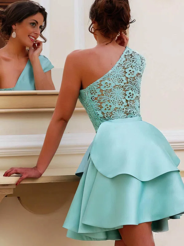 Ball Gown One Shoulder Satin Short/Mini Appliques Lace Short Prom Dresses #Milly020020110487