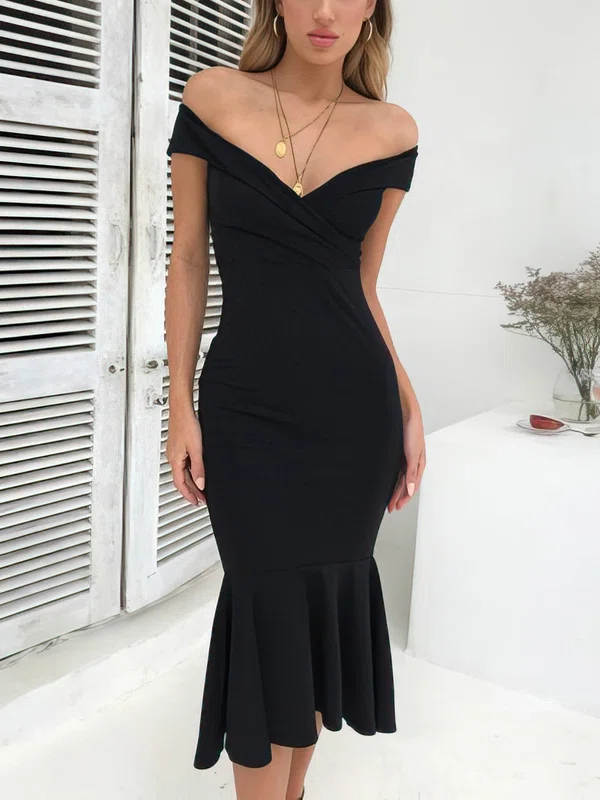 Trumpet/Mermaid Off-the-shoulder Jersey Tea-length Bridesmaid Dresses #Milly010020106570