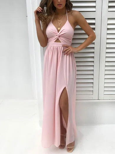 A-line Halter Chiffon Floor-length Split Front Bridesmaid Dresses #Milly010020106590