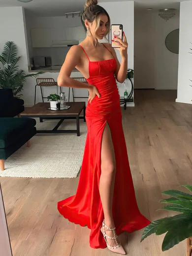 Sheath/Column Square Neckline Silk-like Satin Sweep Train Ruffles Bridesmaid Dresses #Milly010020106622