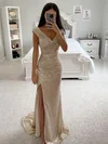 Sheath/Column Sweep Train V-neck Sequined Ruffles Prom Dresses #Milly020115643