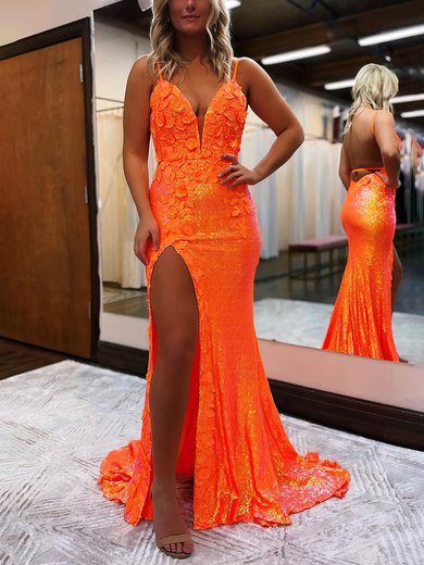 Sheath/Column V-neck Sequined Sweep Train Prom Dresses With Split Front S020115654