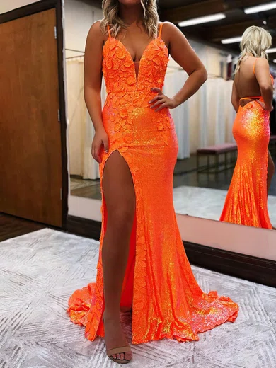 Sheath/Column V-neck Sparkly Sequin Backless Prom Dresses With Appliques #Milly020115654