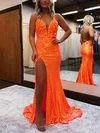 Sheath/Column Sweep Train V-neck Sequined Appliques Lace Prom Dresses #Milly020115654