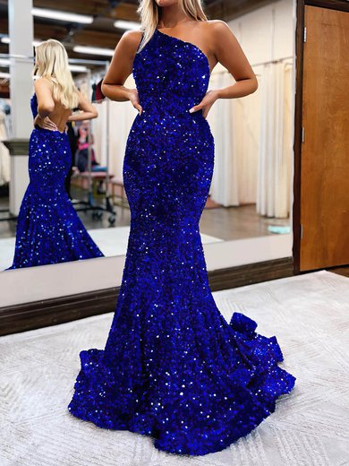 Trumpet/Mermaid Sweep Train One Shoulder Velvet Sequins Prom Dresses #Milly020115664