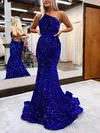 Trumpet/Mermaid Sweep Train One Shoulder Velvet Sequins Prom Dresses #Milly020115664